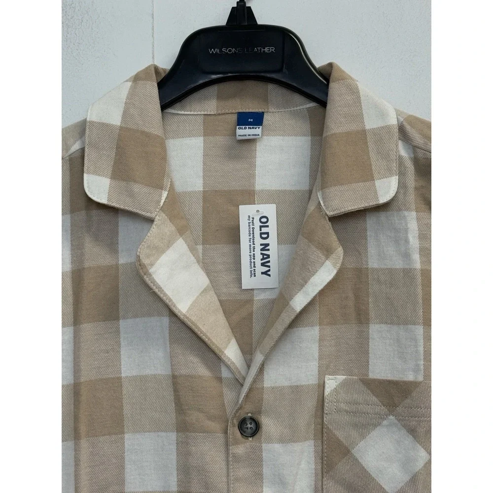 Old Navy Women's Size M Tan‎ White Buffalo Plaid Shirt Flannel Pajama Top NWT